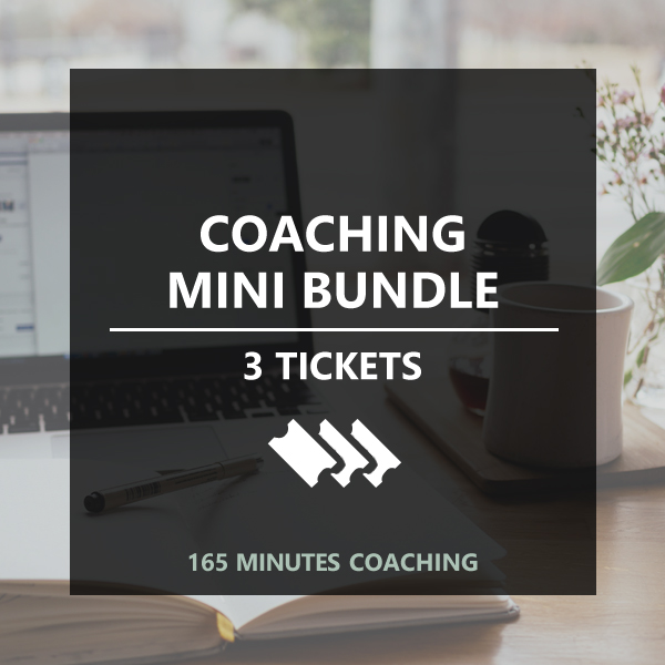graphic saying 'coaching mini bundle, 3 tickets, 165 minutes coaching' with a photograph of a desk in the background