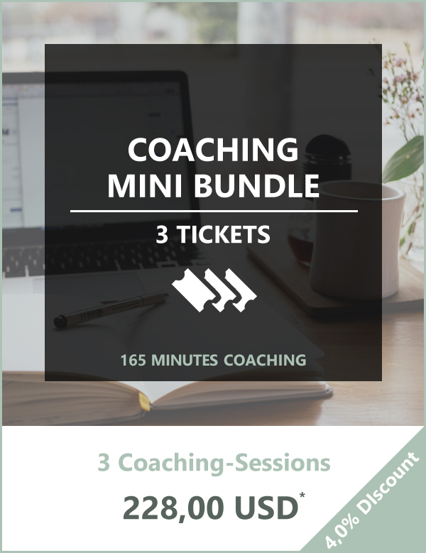 graphic saying 'coaching mini bundle, 3 tickets, 165 minutes coaching, 3 coaching sessions, 228,00 USD, 4,0% discount