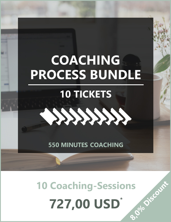 graphic saying 'coaching process bundle, 10 tickets, 550 minutes coaching, 10 coaching sessions, 727 USD, 8,0% dicount'