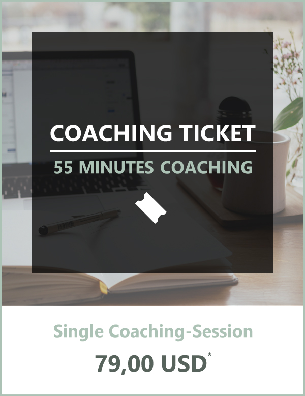graphic saying 'coaching ticket-55 minutes coaching-single coaching session, 79,00 USD' with a photograph of a desk in the background